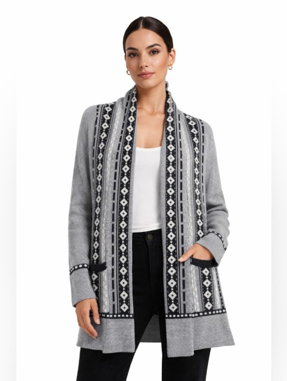 TK Open-Front Nordic Pattern Cardigan Sweater Medium Navy White